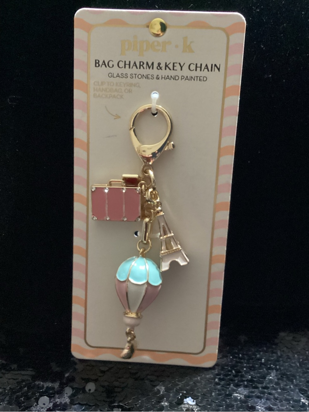 Piper Pink and Aquamarine Travel Charm Keychain with Gold Hardware